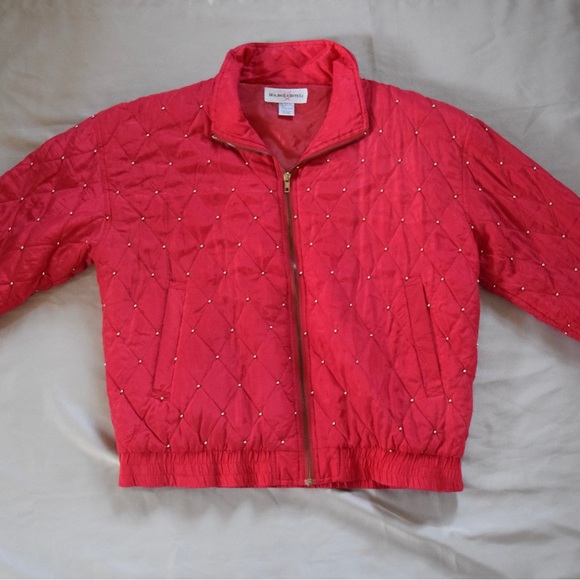 Vintage 80s Style 100% Silk Women's Large Red Bomber Jacket Gold Beaded Detail - Picture 2 of 6